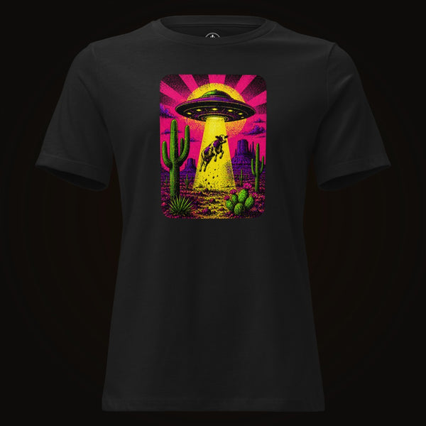 Black tee with the Neon Cow Abduction graphic