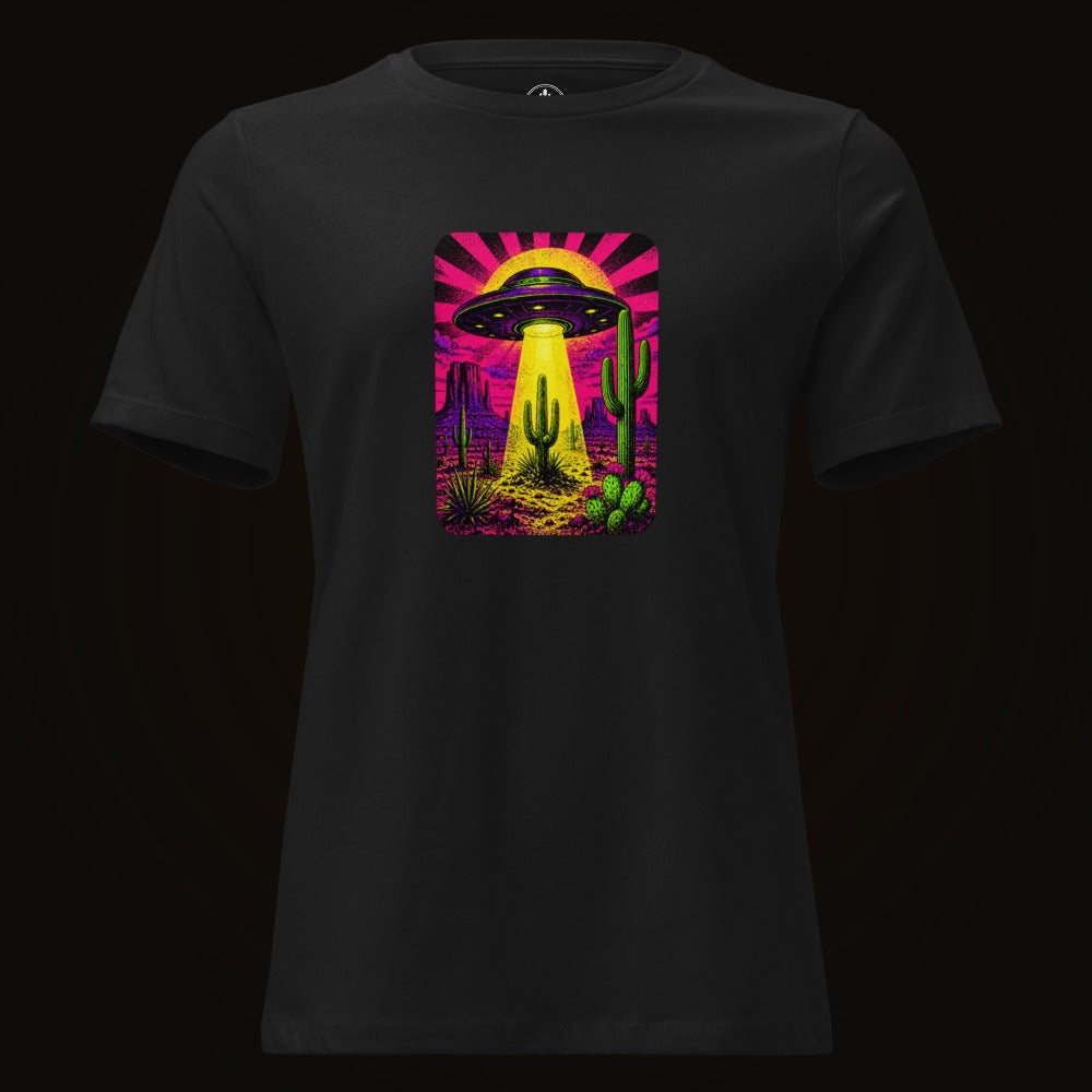 Black tee with the Neon Beam Desert UFO graphic