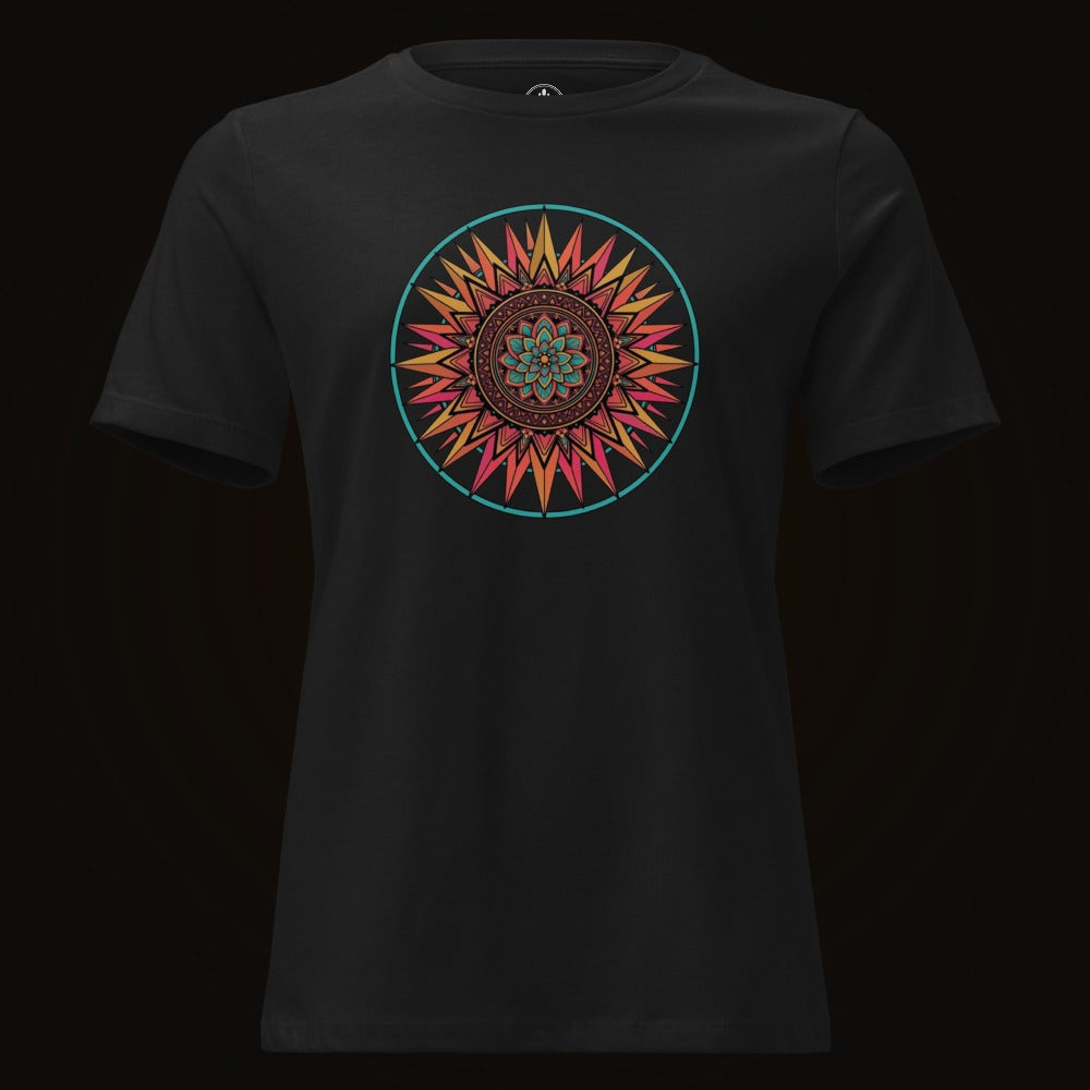 Black tee with the Teal Ring Sunset Mandala graphic