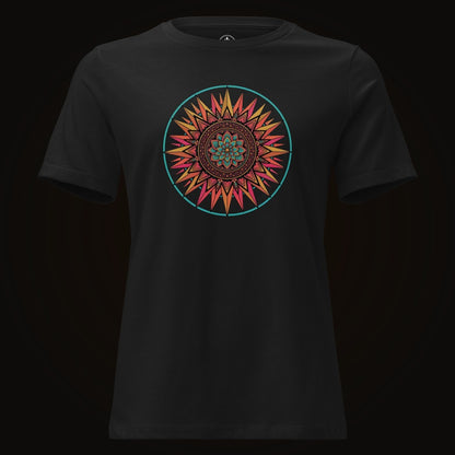 Black tee with the Teal Ring Sunset Mandala graphic