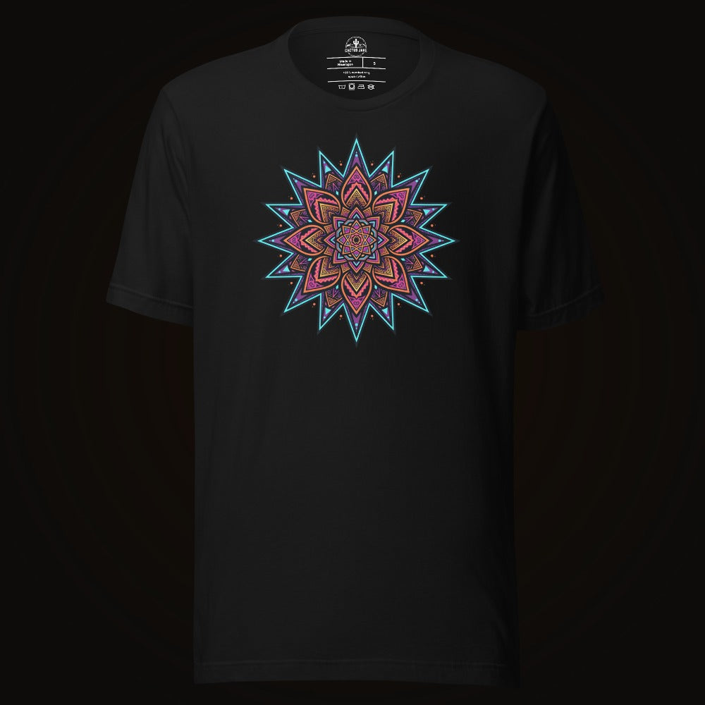Black tee with the Neon Burst Mandala graphic