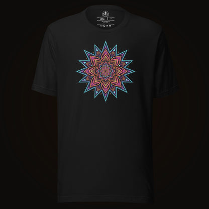 Black tee with the Neon Burst Mandala graphic