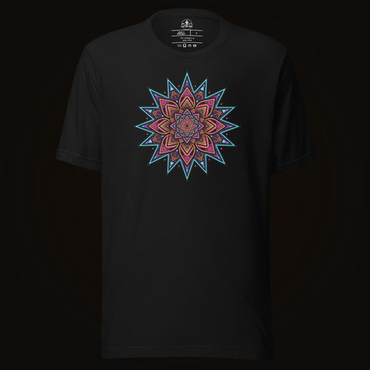 Black tee with the Neon Burst Mandala graphic