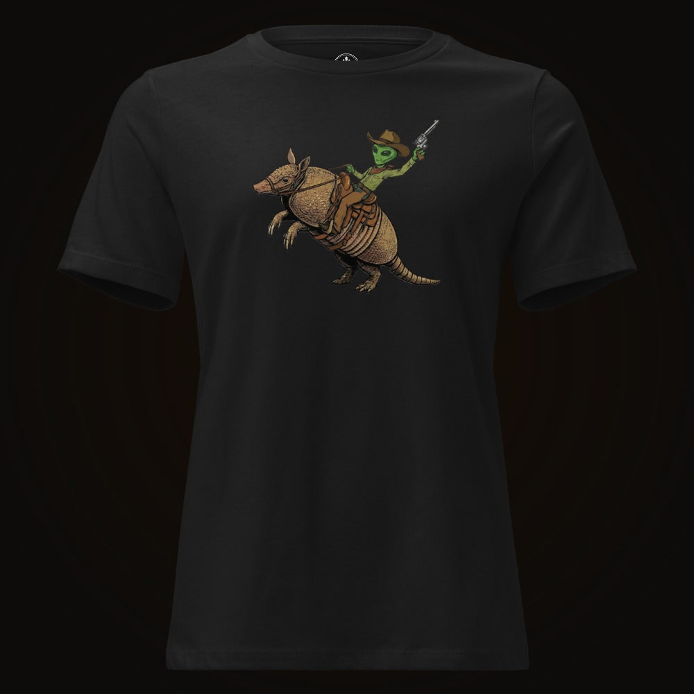 Black tee with the Alien Cowboy Armadillo Rider graphic