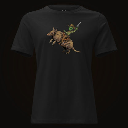 Black tee with the Alien Cowboy Armadillo Rider graphic