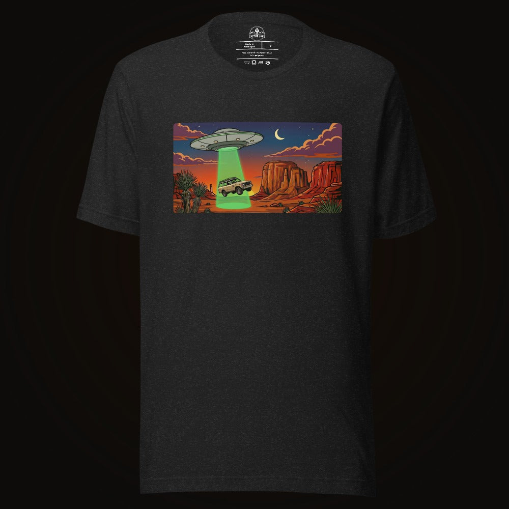 Black Heather tee with the Desert Abduction Cruiser graphic