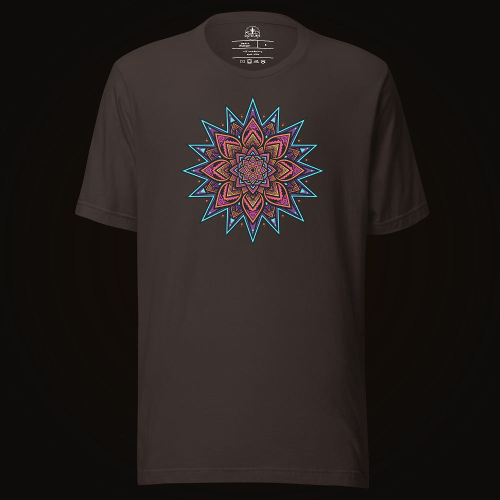 Brown tee with the Neon Burst Mandala graphic