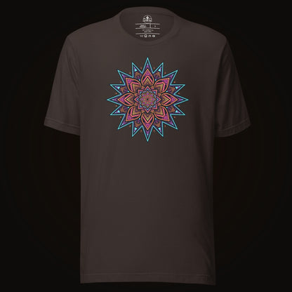 Brown tee with the Neon Burst Mandala graphic