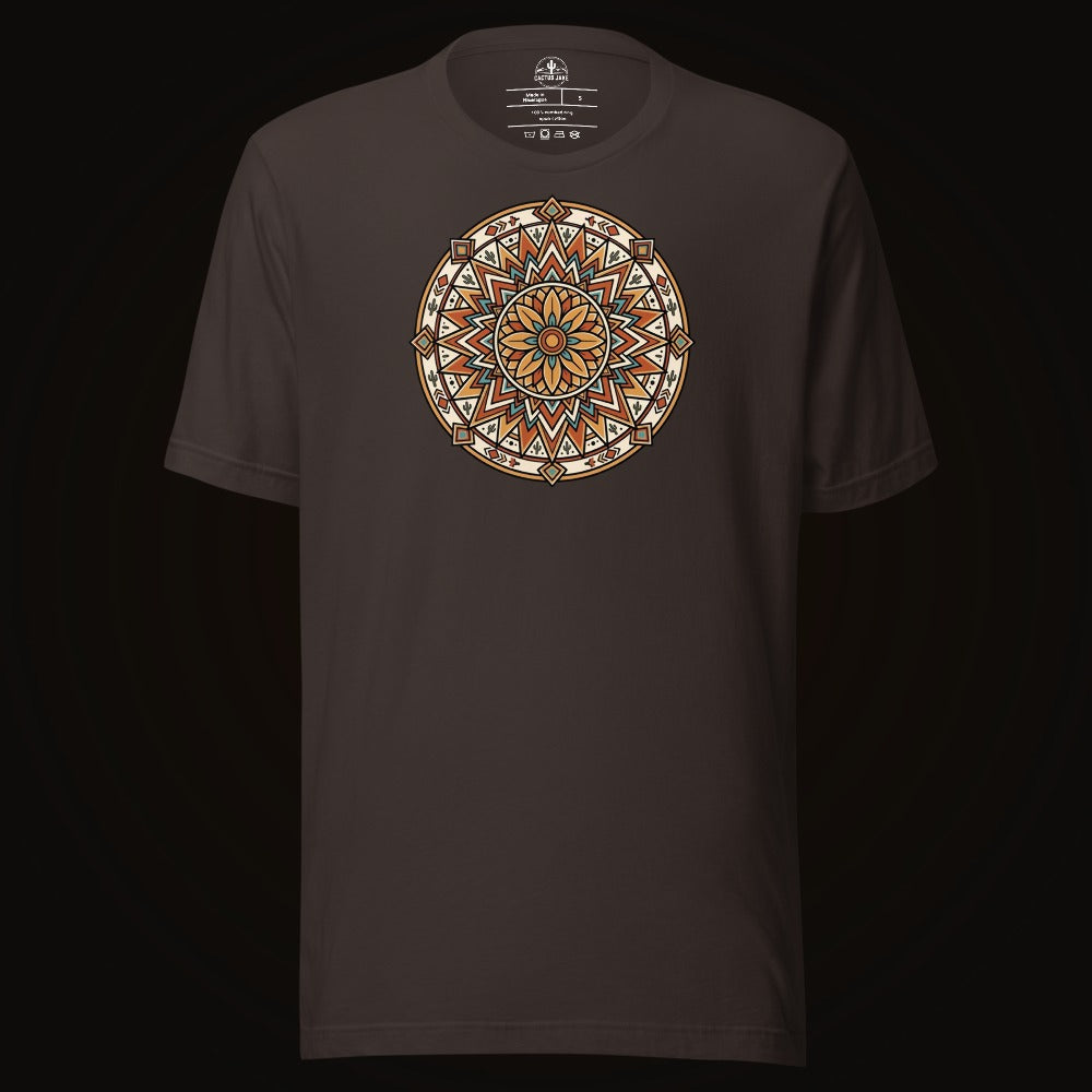 Brown tee with the Desert Sunburst Mandala graphic