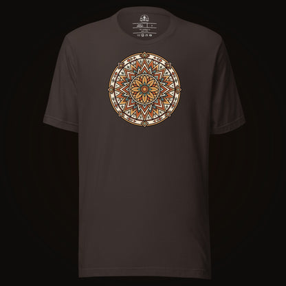 Brown tee with the Desert Sunburst Mandala graphic