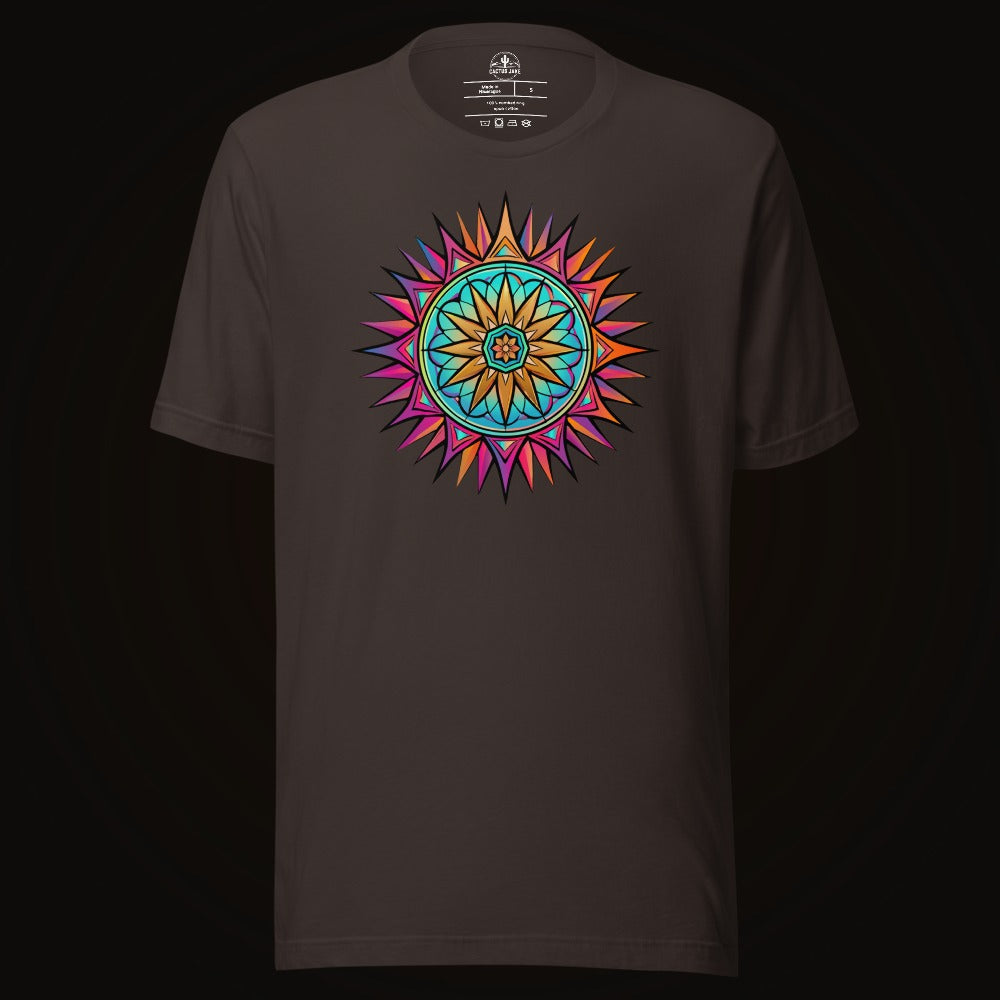 Brown tee with the Neon Gradient Mandala graphic