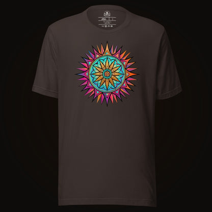 Brown tee with the Neon Gradient Mandala graphic