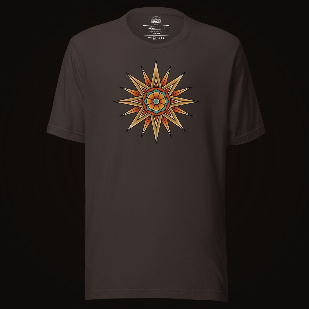 Brown tee with the Compass Star Mandala graphic