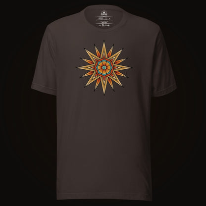 Brown tee with the Compass Star Mandala graphic