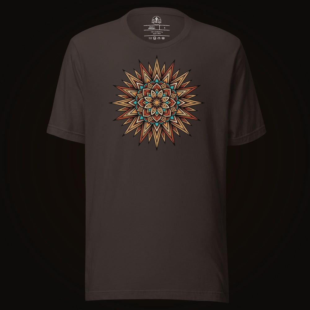 Brown tee with the Turquoise Burst Mandala graphic