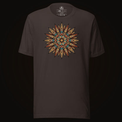 Brown tee with the Turquoise Burst Mandala graphic