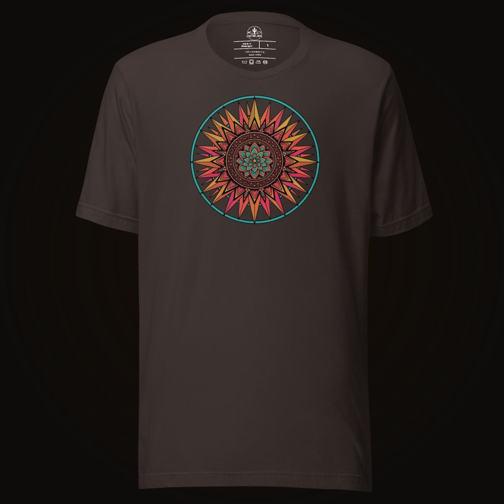 Brown tee with the Sunset Mandala graphic