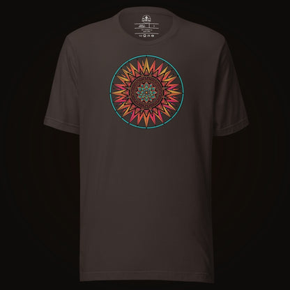 Brown tee with the Sunset Mandala graphic