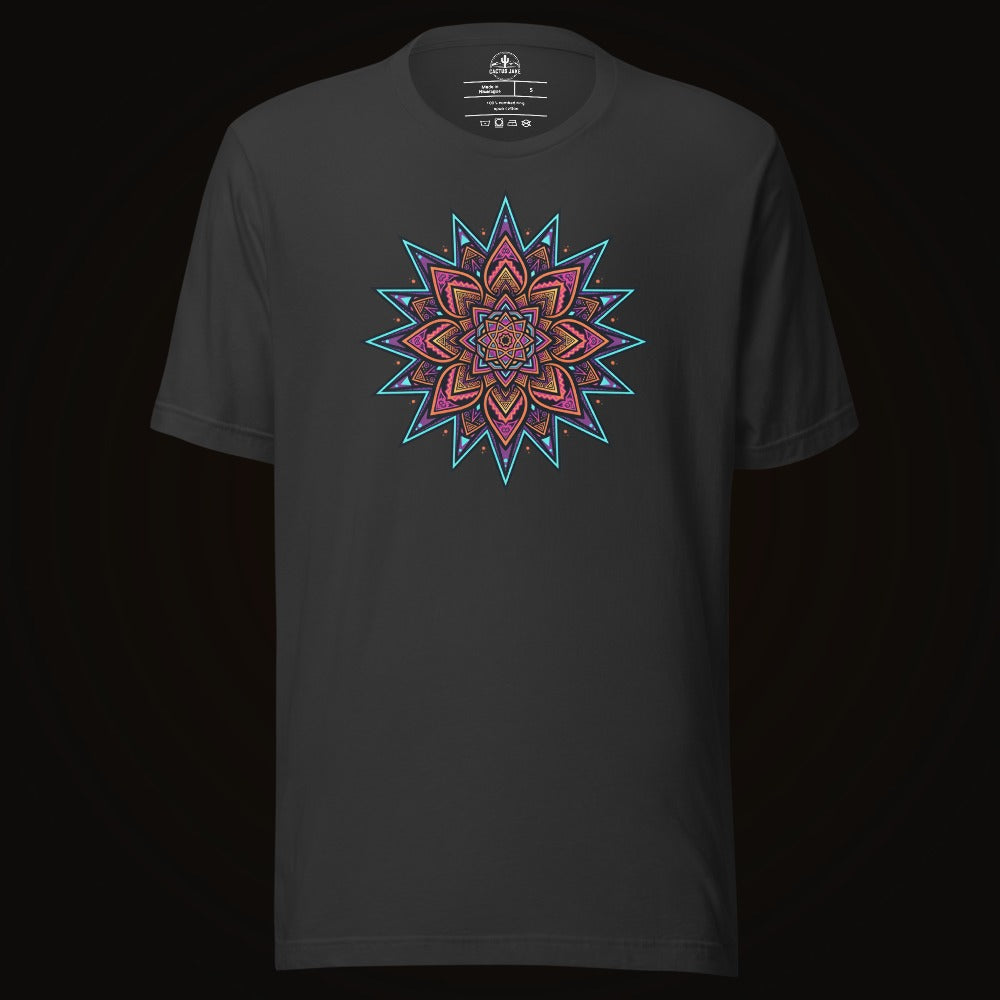 Dark Grey tee with the Neon Burst Mandala graphic
