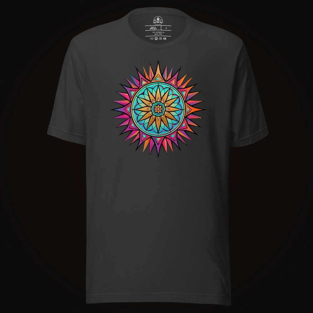 Dark Grey tee with the Neon Gradient Mandala graphic