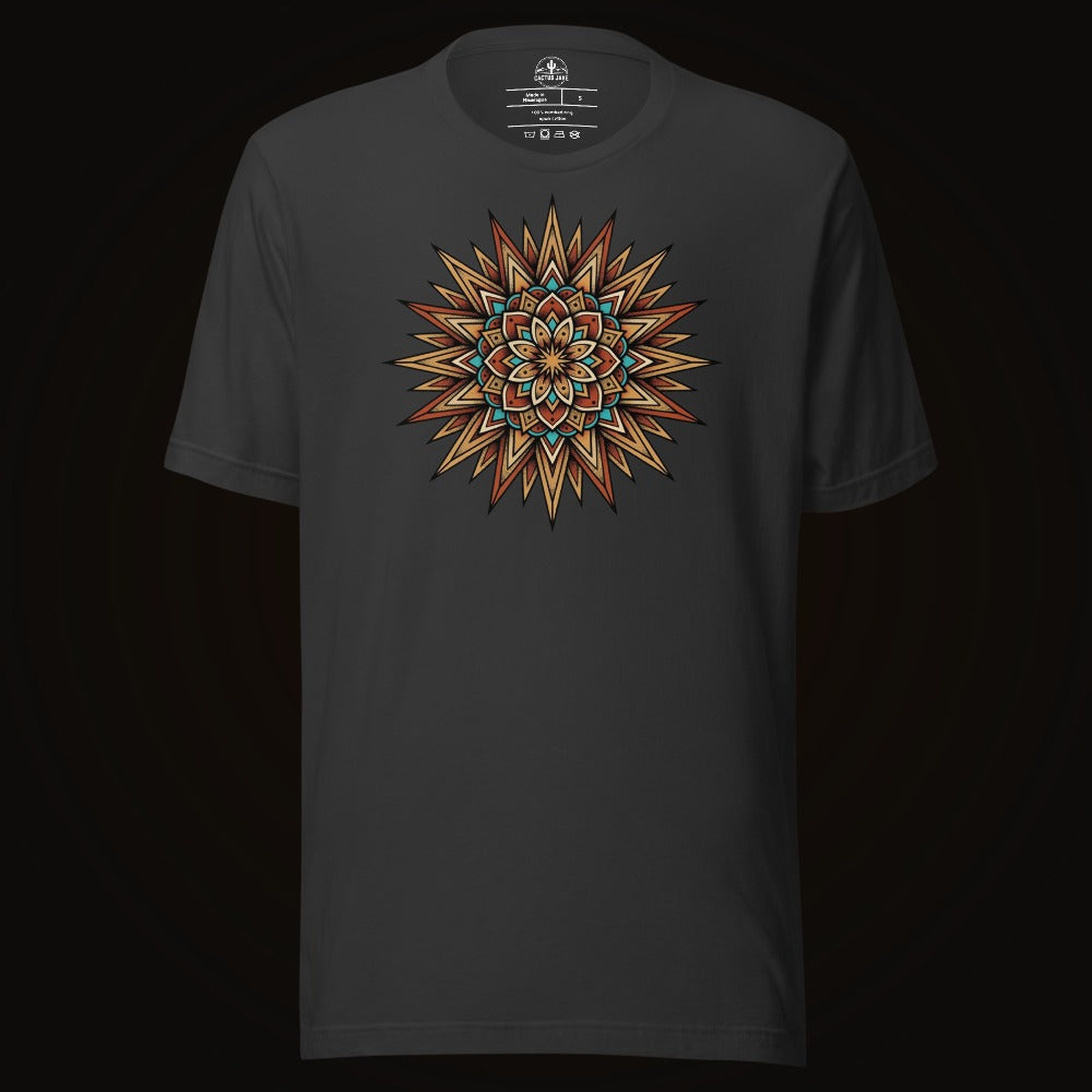 Dark Grey tee with the Turquoise Burst Mandala graphic