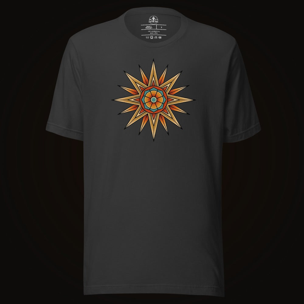 Dark Grey tee with the Compass Star Mandala graphic