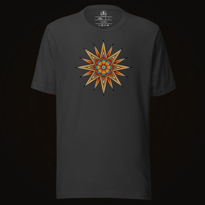 Dark Grey tee with the Compass Star Mandala graphic