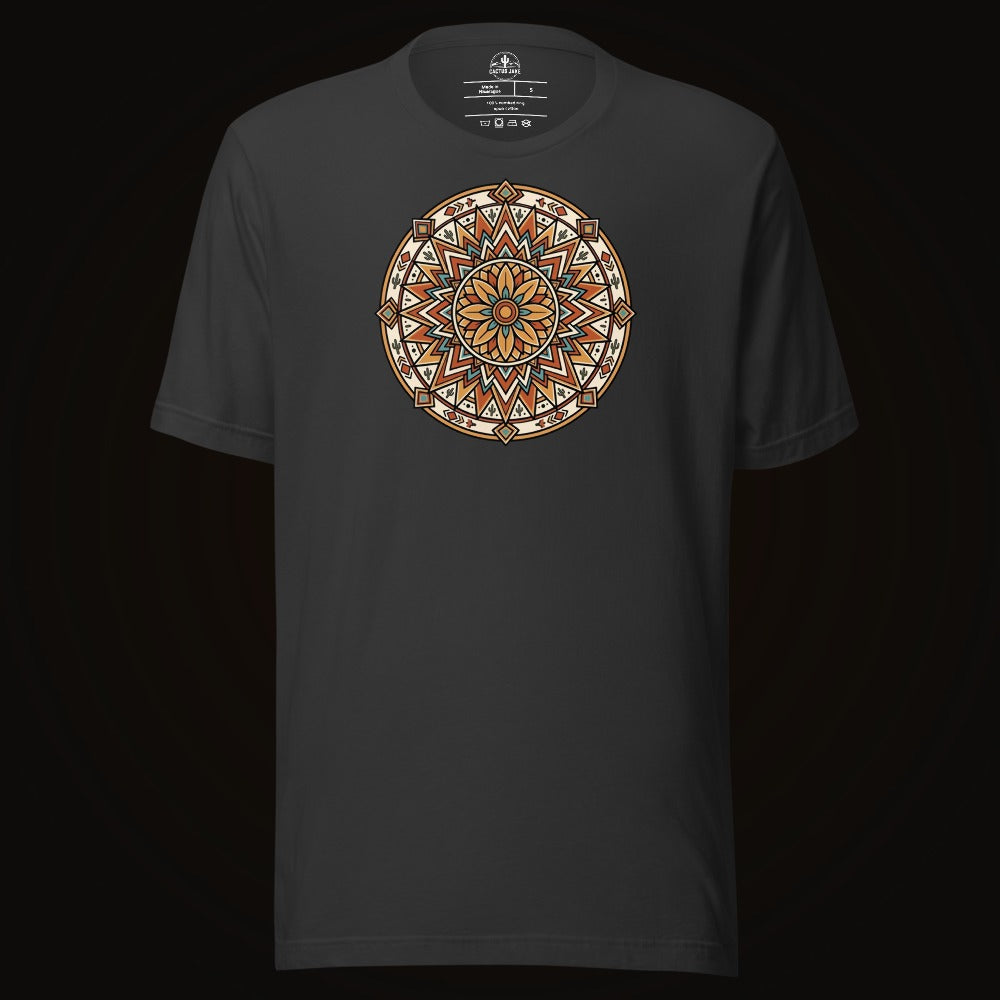 Dark Grey tee with the Desert Sunburst Mandala graphic