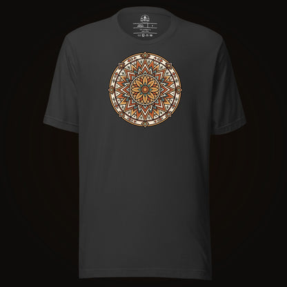 Dark Grey tee with the Desert Sunburst Mandala graphic