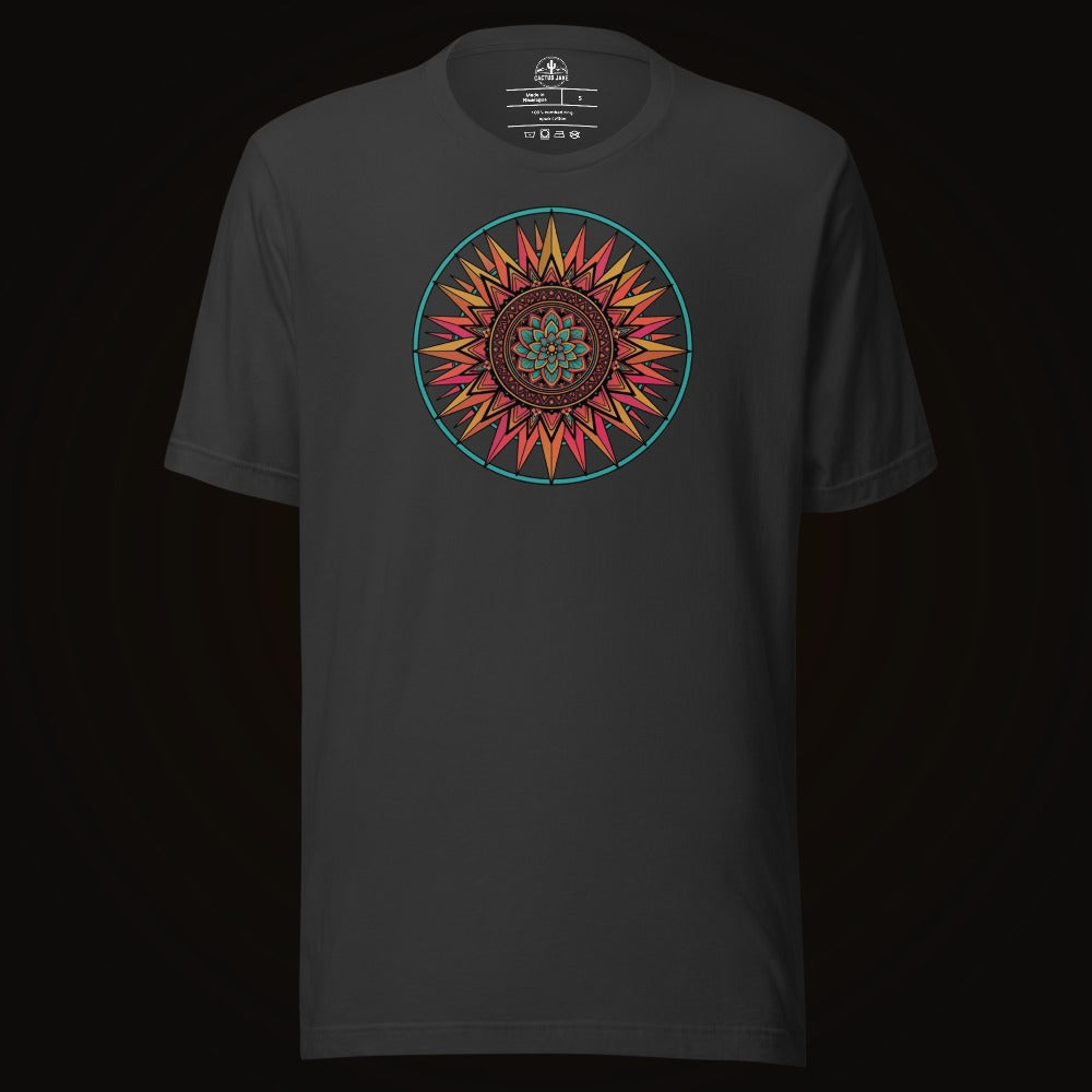 Dark Grey tee with the Sunset Mandala graphic