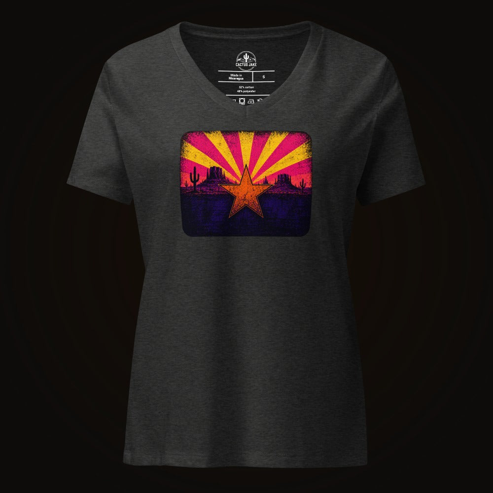 Dark Grey Heather V-neck tee with the Neon Arizona Flag Star graphic
