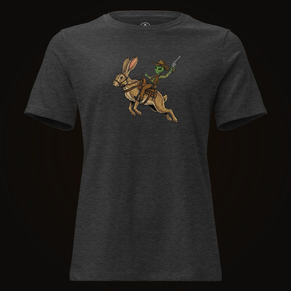 Dark Grey Heather tee with the Alien Cowboy Jack Rabbit graphic