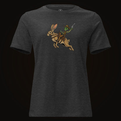 Dark Grey Heather tee with the Alien Cowboy Jack Rabbit graphic
