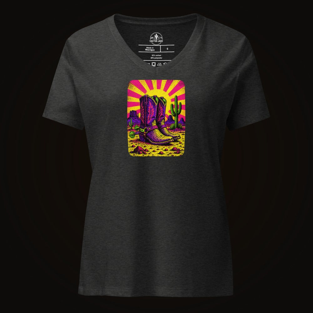 Dark Grey Heather V-neck tee with the Neon Burst Cowboy Boots graphic