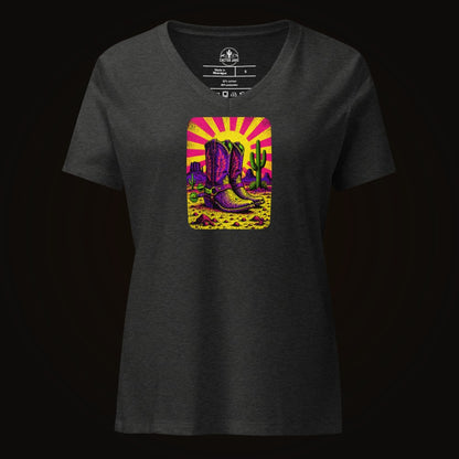 Dark Grey Heather V-neck tee with the Neon Burst Cowboy Boots graphic