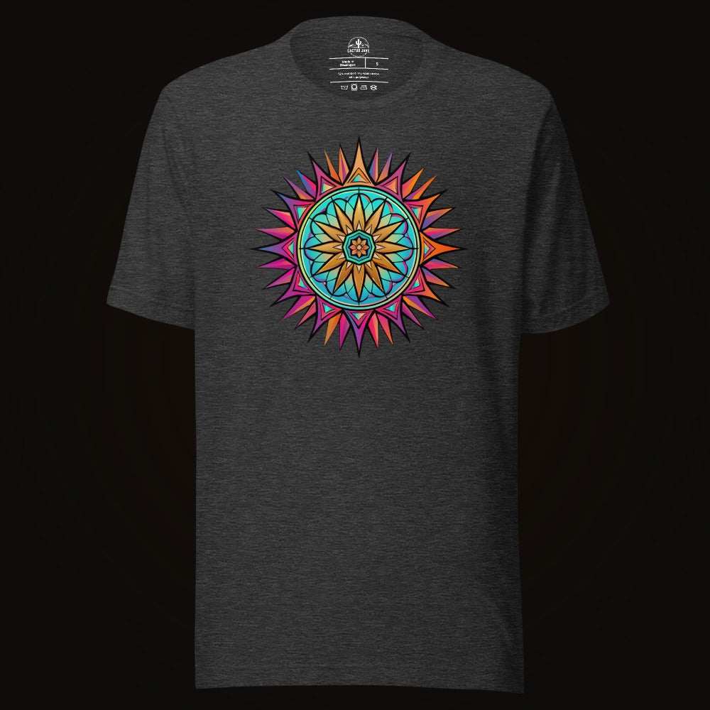 Dark Grey Heather tee with the Neon Gradient Mandala graphic
