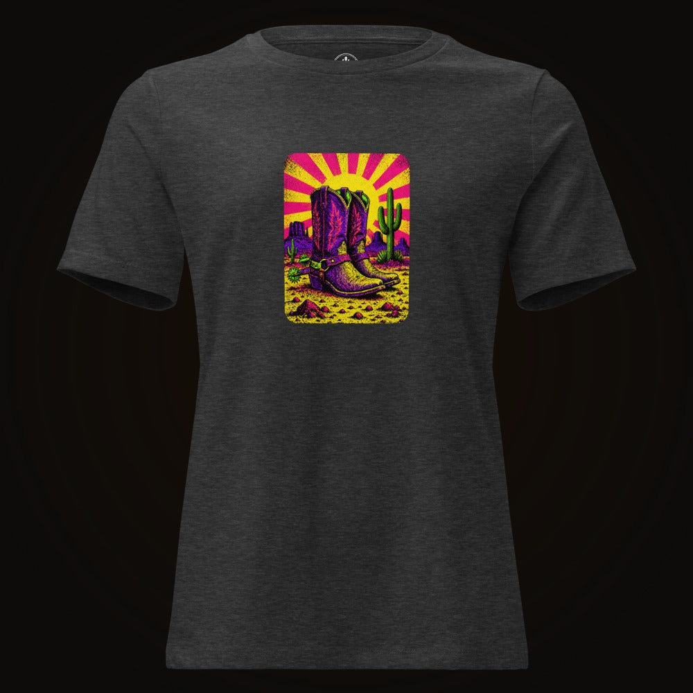 Dark Grey Heather tee with the Neon Sunburst Boots graphic