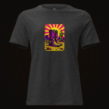 Dark Grey Heather tee with the Neon Sunburst Boots graphic