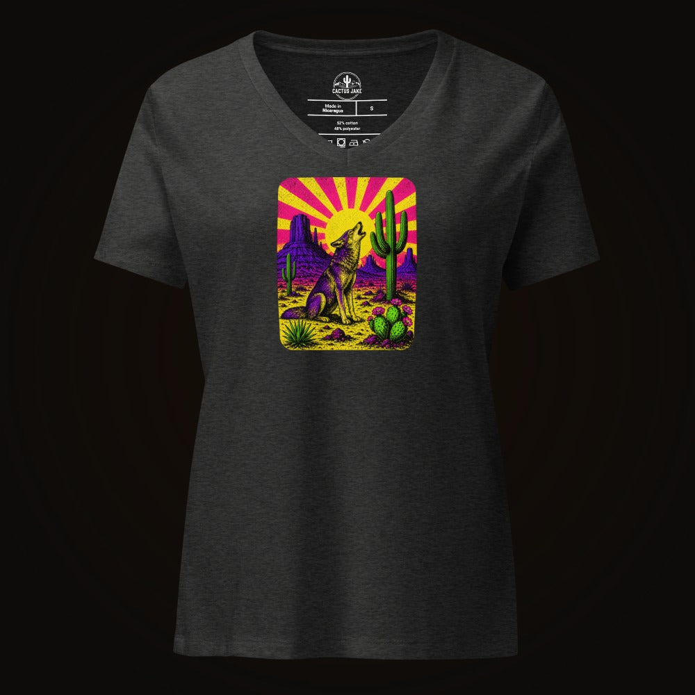 Dark Grey Heather V-neck tee with the Neon Sunburst Coyote graphic