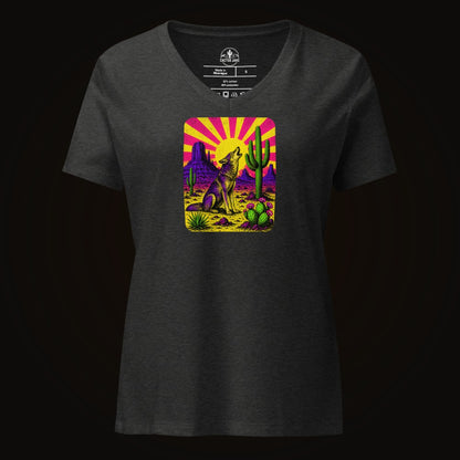Dark Grey Heather V-neck tee with the Neon Sunburst Coyote graphic