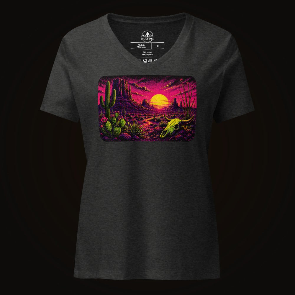 Dark Grey Heather V-neck tee with the Blacklight Desert Sunset graphic