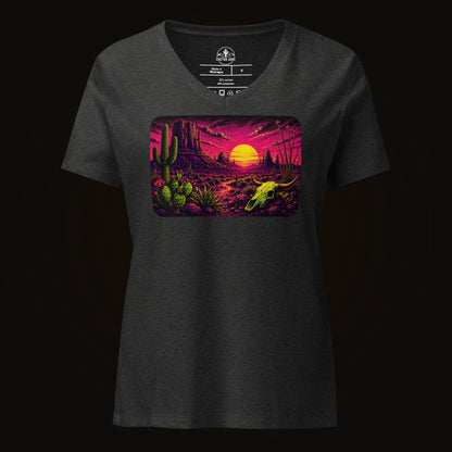 Dark Grey Heather V-neck tee with the Blacklight Desert Sunset graphic
