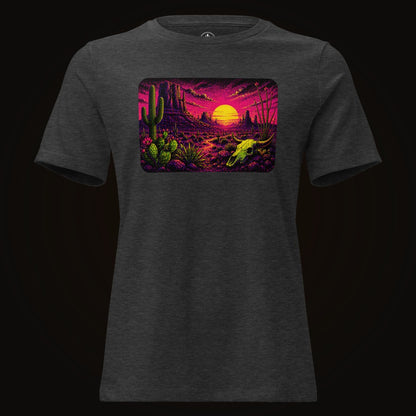 Dark Grey Heather tee with the Blacklight Desert Skull Sunset graphic