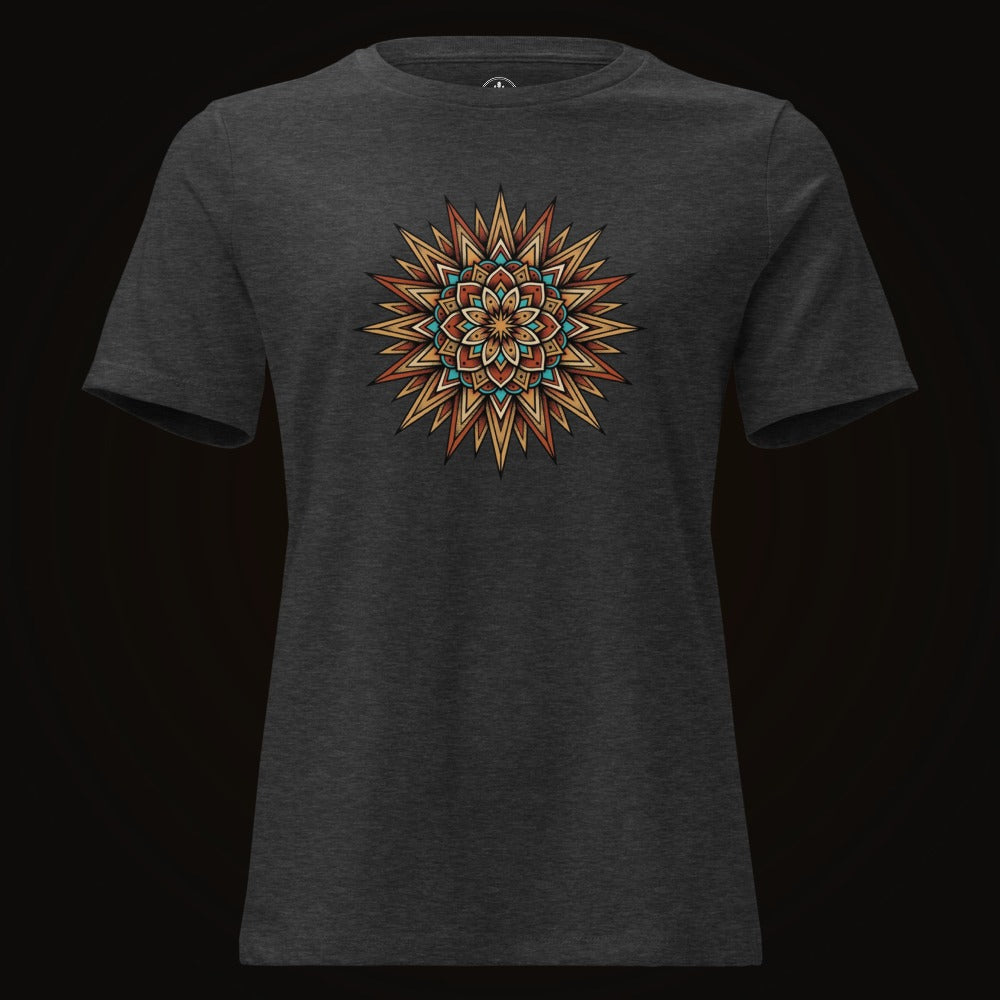 Dark Grey Heather tee with the Desert Sun Mandala graphic