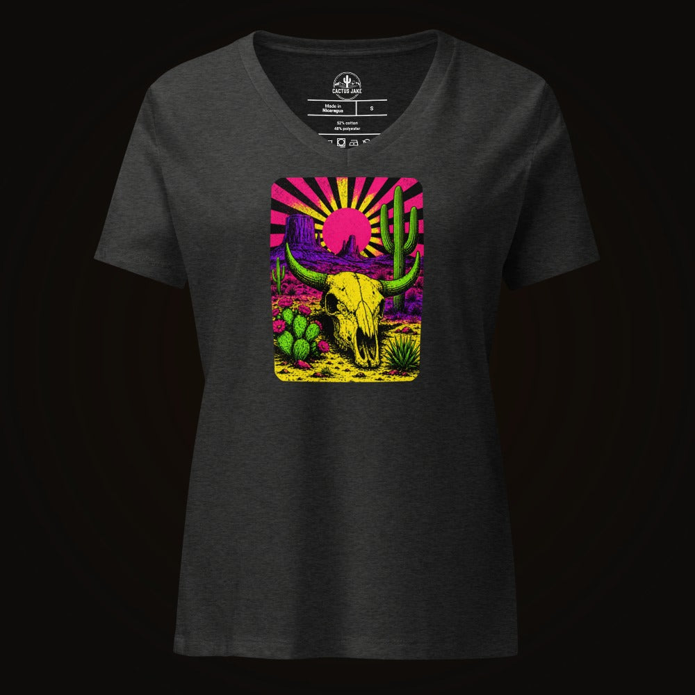 Dark Grey Heather V-neck tee with the Neon Blacklight Cow Skull graphic
