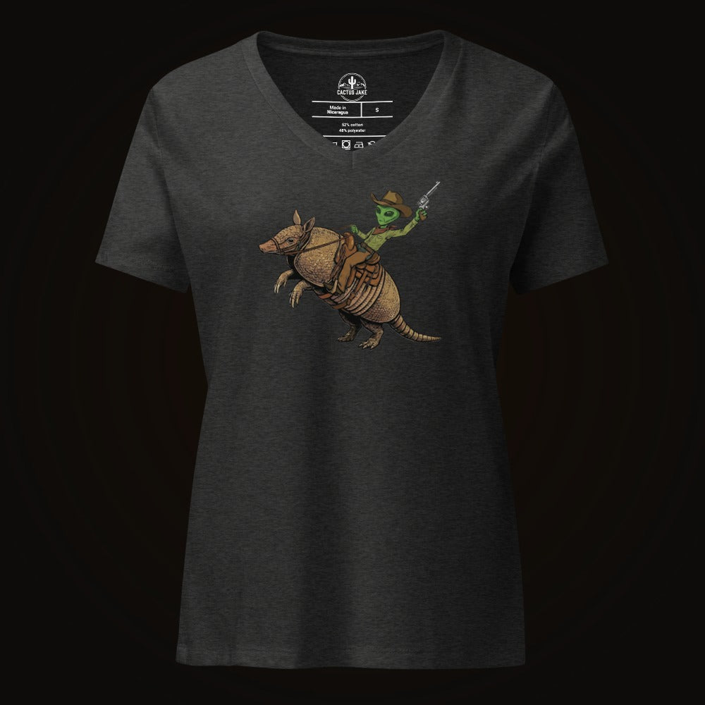 Dark Grey Heather V-neck tee with the Alien Cowboy Armadillo Rider graphic