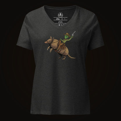 Dark Grey Heather V-neck tee with the Alien Cowboy Armadillo Rider graphic