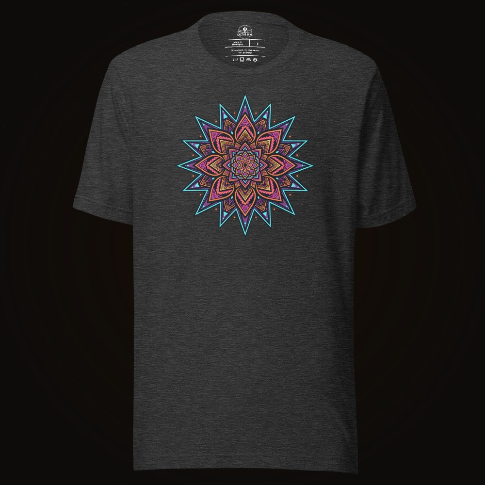 Dark Grey Heather tee with the Neon Burst Mandala graphic