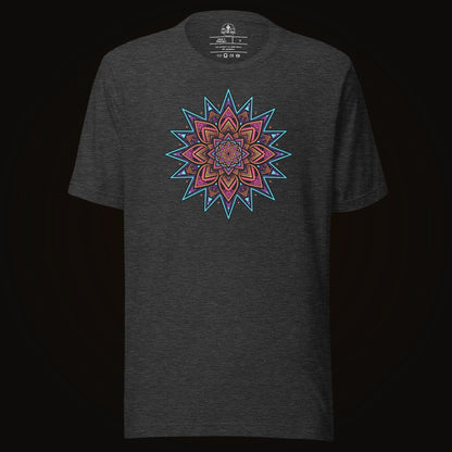 Dark Grey Heather tee with the Neon Burst Mandala graphic