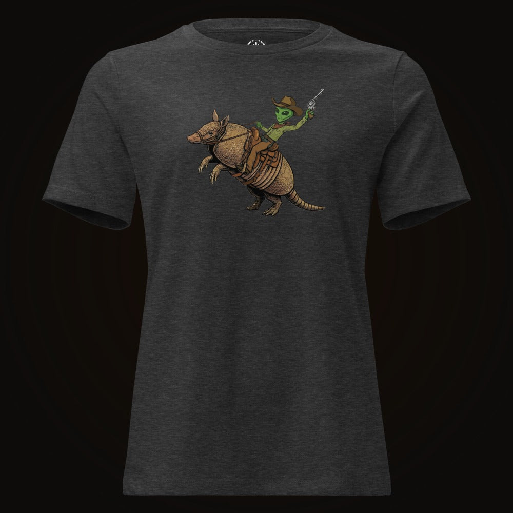 Dark Grey Heather tee with the Alien Cowboy Armadillo Rider graphic